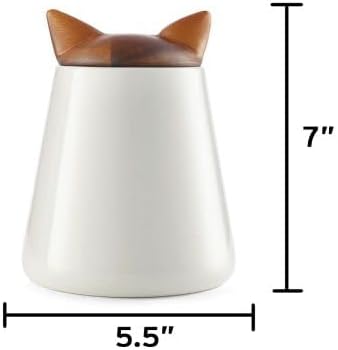 Nambé Cat Treat Jar - 5.5” x 7”, Decorative Feline Storage Container with Acacia Wood Lid & Porcelain Base - Airtight Countertop Jar for Pet Treats, Snacks & Kitchen Décor