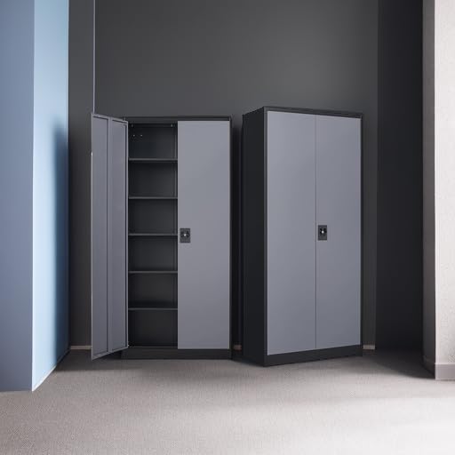 MIIIKO Metal Storage Cabinet with Locking Doors, Black Garage Lockable Steel Cabinets with 4 Doors and 5 Shelves for Home, Garage, Pantry Workshop Warehouse