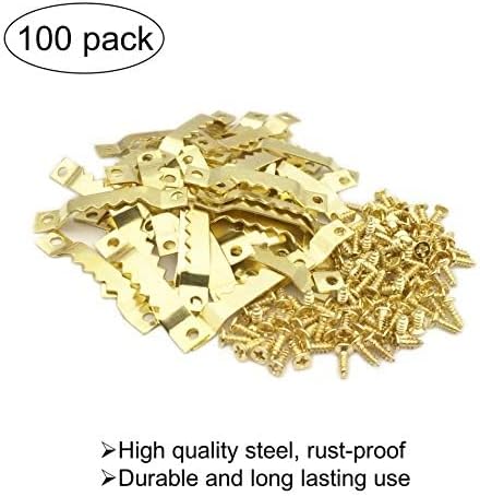 100 Pack Small Sawtooth Picture Hangers Steel Picture Hangers Picture Frames Hangers with Screws Picture Hang Solutions, for Hanging Clock Paintings Artwork Picture Frame Hook Photos (Gold)