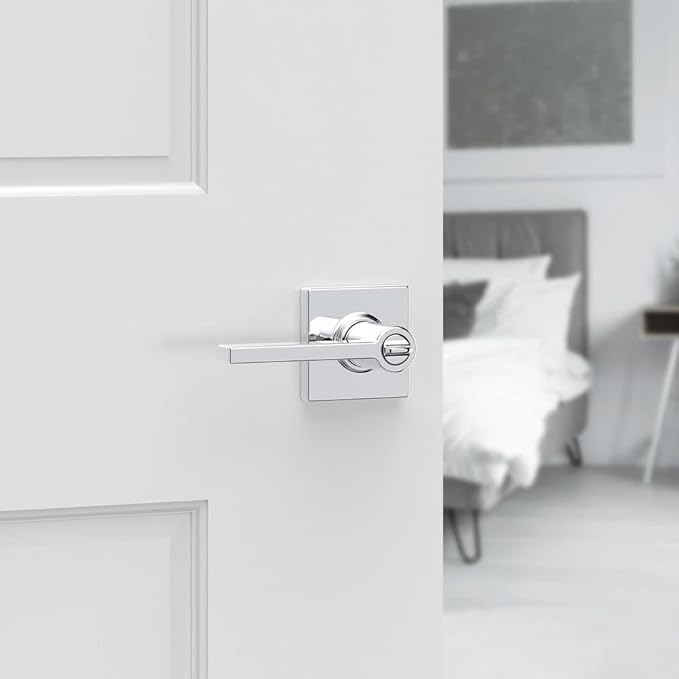 Kwikset Casey Interior Privacy Door Handle with Lock, Door Lever for Bathroom and Bedroom, Polished Chrome Reversible Keyless Turn Lock (Pack of 2)