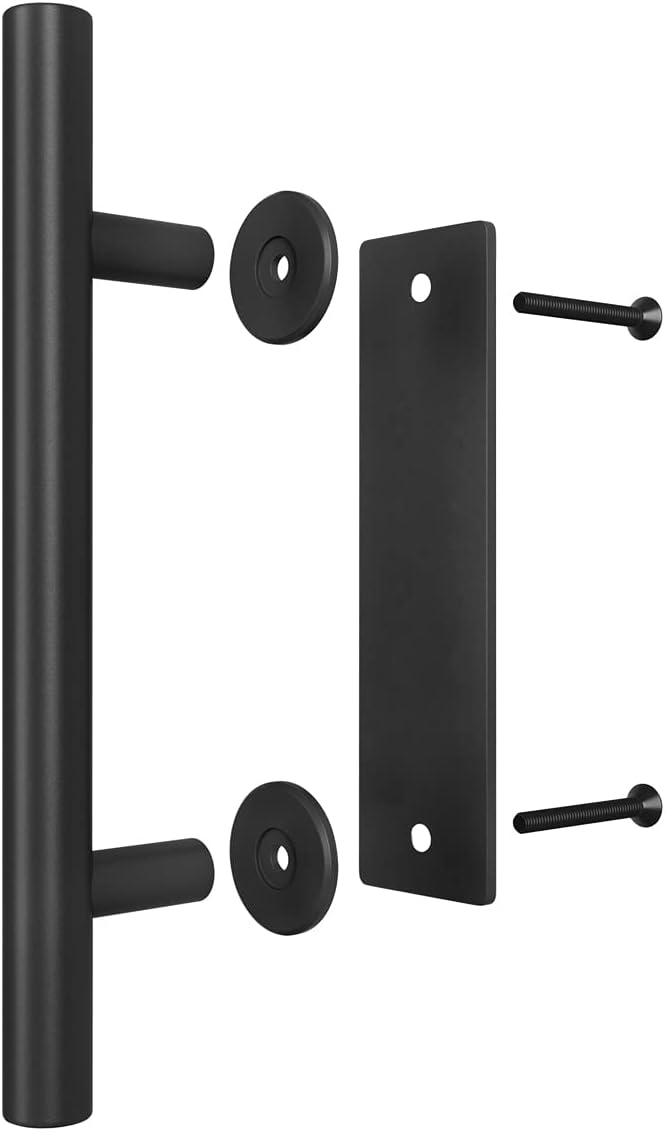 SMARTSTANDARD 2PCS Sliding Barn Door Handle, 12 Inch Heavy Duty Pull and Flush Hardware Set, Black, Large Rustic Two-Side Design, Round