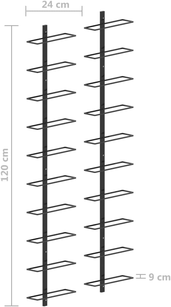 vidaXL Wall-Mounted Wine Rack 2 pcs - Sleek, Black, Powder-Coated Metal Wine Holder - Holds 20 Bottles - Includes Mounting Materials - Stylish Functional Decor