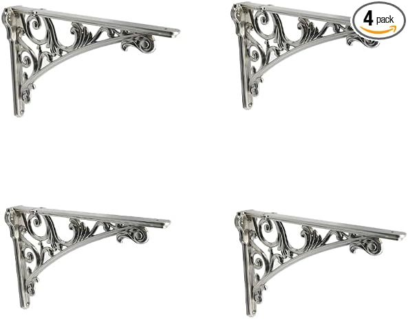 Decorative Shelf Bracket 12 inch Brushed Satin Nickel Brackets for Shelving Solid Heavy Duty Vintage DIY Projects Hardware Included 4 Pack Heavy-Duty Shelf-Brackets