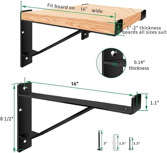 Heavy Duty Shelf Brackets 16 inch, Industrial Wall Brackets with Lip Metal Storage Brackets Outdoor/Indoor Include Screws 2 Pack Black