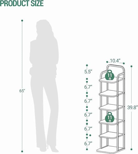 6 Tiers Vertical Shoe Rack, Narrow Shoe Tower, Tall Shoes Shelf with 2 Hooks, Adjustable Shelves, Corner Shoes Shelves for Small Spaces, Entryway, Living Room, Rustic Brown SR04201B