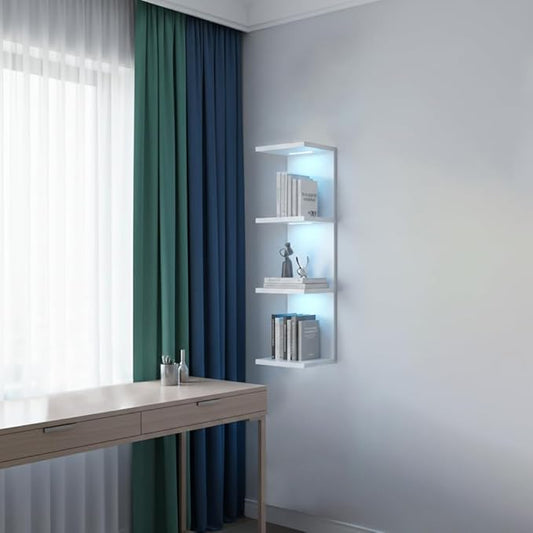 4 Tier RGB Wall Shelf-Gaming Shelf with Remote Control, Lack Shelves with Light for Bedroom | Easy to Install Cosmetic & Display Modern Shelf, White