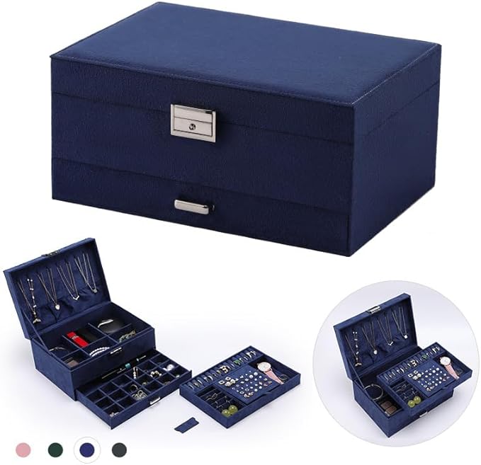Jewelry Organizer Box for Women Girls, VintageJewelry Box 3-Tier Jewelry Display Case and Organizer,Lockable Jewelry Display Case Anti Tarnish,Varying Compartments for Bracelets, Rings (Blue)