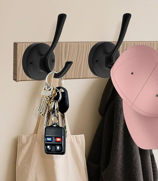 Black Towel Hooks, 2 Pack Coat Robe Hook Heavy Duty Metal Double Bathrobe Hook Wall Mounted, Hand Towels Hooks for Cubicle Bathroom Kitchen Closet Garage