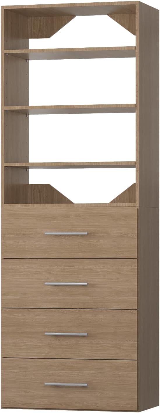 ROOMTEC Modular Closet System, 25.5" 4 Drawer Shelf Closet Tower Wall-Mounted Closet Organizer, Wooden Tower for Walk-In Closets, Wardrobe Storage Kit, Wood