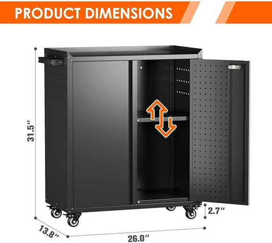 31.5" H Garage Storage Cabinet with Wheels, Lockable Small Metal Storage Cabinet with Doors and Shelf, Pegboard and 4 Hooks for Garage, Home, Workshops, Assembly Required, Black