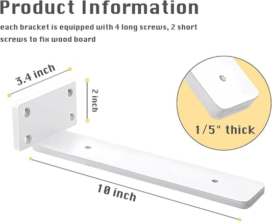 8 Pack Shelf Brackets White 10 Inch Floating Shelf Bracket 1/5 inch Thick Heavy Duty Hidden Shelf Brackets Iron Metal Brackets for Shelf Support with Screw Included