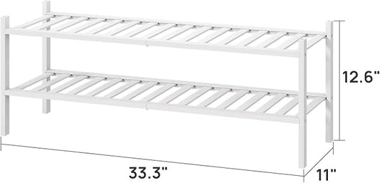 Long Shoe Rack for Entryway,Shoe Organizer for Hallway Closet, Bamboo Wood Shoe Racks for Indoor Outdoor (White, 2-Tier Long)