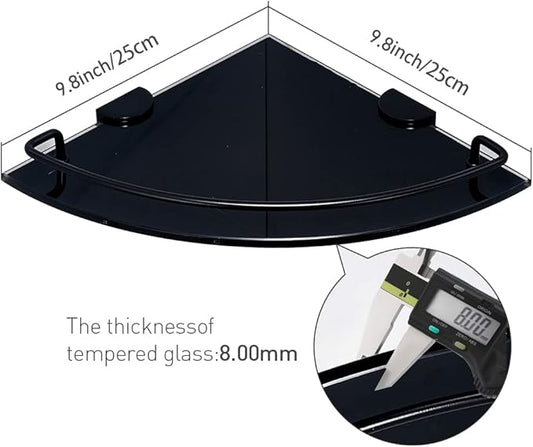Black Glass Corner Shower Shelves for Bathroom, 8MM Thick Tempered Glass Floating Shelves for Wall with 304 Stainless Steel Rail (1Pack)