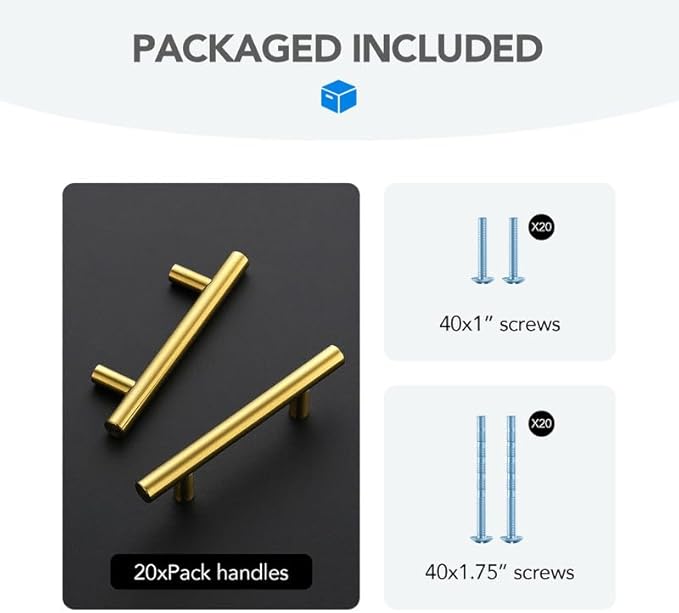 Brushed Brass Cabinet Handles 3 Inch Hole Spacing Stainless Steel Drawer Pulls for Cabinets, Dresser, Bathroom 20 Pack