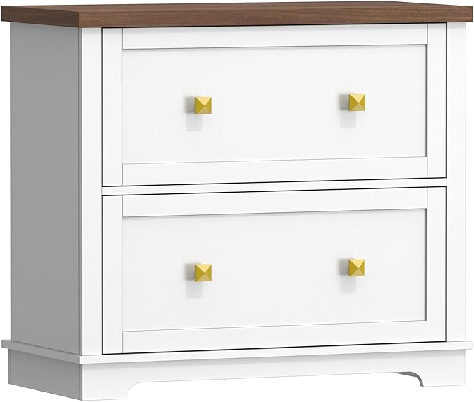 2 Drawers Lateral File Cabinet, Farmhouse Wooden Filing Cabinet, Printer Stand for Home Office, Office Storage Cabinet for A4/Letter-Size Hanging Files,White and Walnut FCBA8001