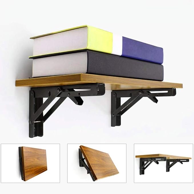 Storystore Folding Shelf Brackets - 14 Inch Heavy Duty Metal Collapsible Shelf Bracket for Bench Table, Shelf Hinge Wall Mounted Space Saving DIY Bracket, Max Load: 150 lb 2 PCS (Black)