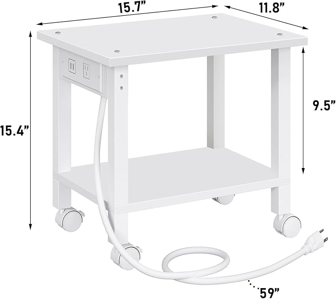 TUTOTAK 2 Tier Printer Stand, Rolling Printer Cart with Power Outlets and USB Ports, Mobile Printer Table with Wheels, for Under Desk, Office, Home, White PS01BW001