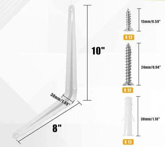 4 Pcs Shelf Brackets, 8 x 10 Inch Heavy Duty Metal Wall Corner Angle Shelving for Wall Hanging Shelves with Wall Anchors and Screws(White)
