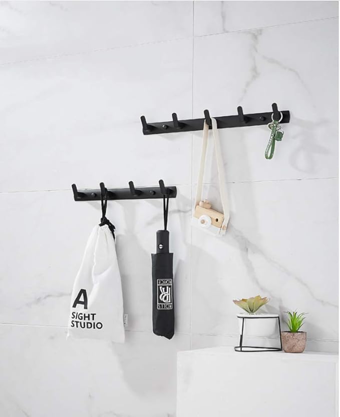 Wall Mounted Coat Racks with 5 Hooks Hanging Holder Towel Rack 17.7"x1.3" Modern Black Hanging for Clothes Entryway Bathroom (5 Hooks(2 Packs))