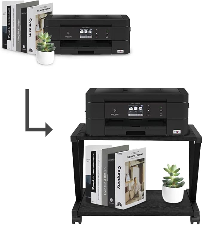 VEDECASA Retro Desktop Printer Stand 2 Double Tiers Wood Printer Shelf Modern Wood Storage Book Shelf Organizor for Home Office Stylish Sturdy V Shaped (Black)