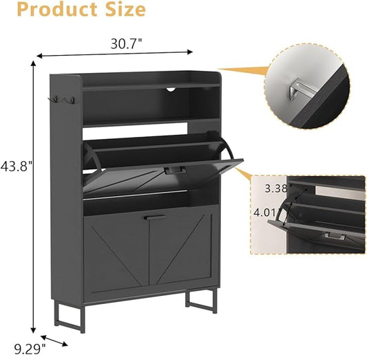 Shoe Cabinet with 2 Flip Drawers, Freestanding Hidden Shoe Storage Organizer for Entryway, Narrow Slim Shoe Rack Cabinet with Open Storage & Hooks for Front Door Entrance, Living Room, Hallway, Black