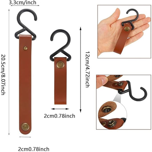 Leather Straps with Hooks 5Pcs - Durable Storage Solution for Kitchen, Bathroom, Bedroom, Office, and Outdoor Use (Dark Brown)