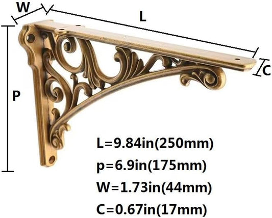 Decorative Shelf Bracket 10 inch, Antique Brass Shelf Brackets for Shelving, Heavy Duty Vintage, DIY Projects, Hardware Included, 2 Pack, 9.84x7x1.73 inch,Baroque Style