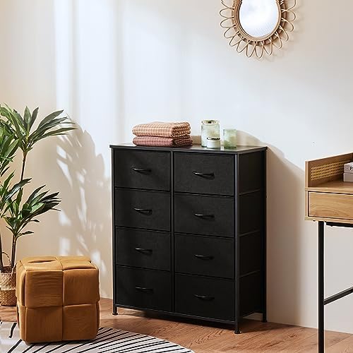 DUMOS 8 Drawer Dresser for Bedroom, Fabric Storage Organizer with Sturdy Metal Frame, Wooden Top Chest of Drawers for Closet Entryway Guest Room,Matte Black