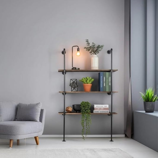 Industrial Pipe Shelving System with 4 Tiers, Black Iron Wall Mount, Floor to Ceiling Storage Rack, Rustic Farmhouse Style, DIY Bracket Supports (No Planks)