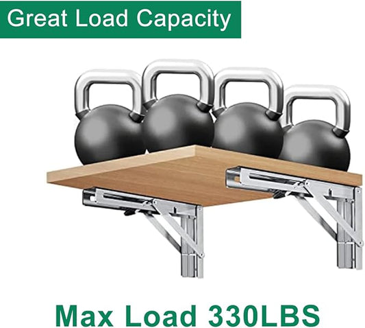 2 Pcs Folding Shelf Brackets, Matte Black Collapsible Stainless Steel Heavy Duty Brackets for Table Bench, Space Saving DIY Bracket with Screws, Max Load 330 lb (Black, 12 in)