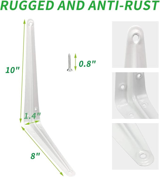 Shelf Brackets 10 Inch, 20 Pack White Metal Heavy Duty L Adjustable Floating Shelves Bracket, 10 x 8 Inch Industrial Pipe Decorative Shelf Angle Bracket for Wall with Screws