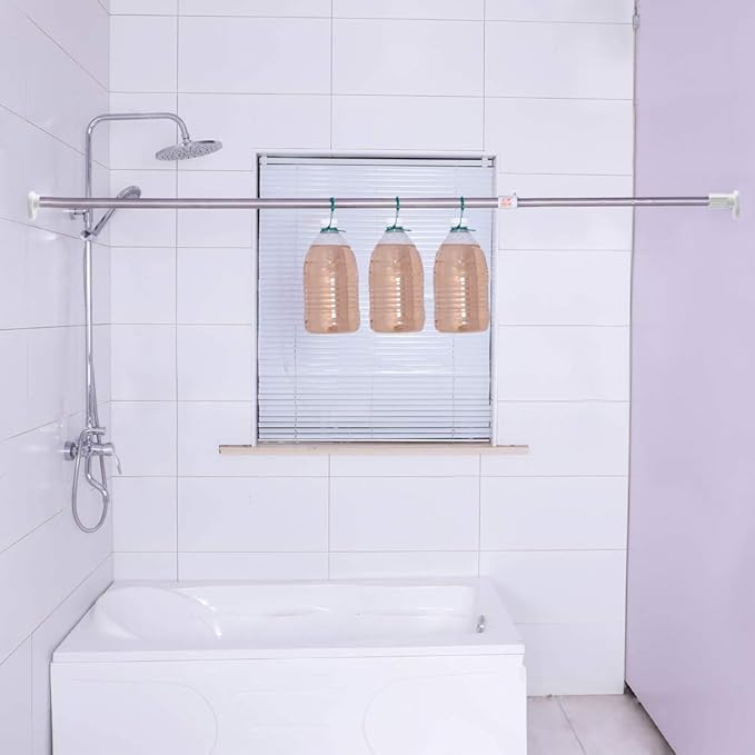 BAOYOUNI Adjustable Bathroom Shower Curtain Rod Straight Oval Head Window Curtain Tension Rail Bar Metal Pole Clothes Hanger Drying Rack (Ivory, 28-47 Inches)