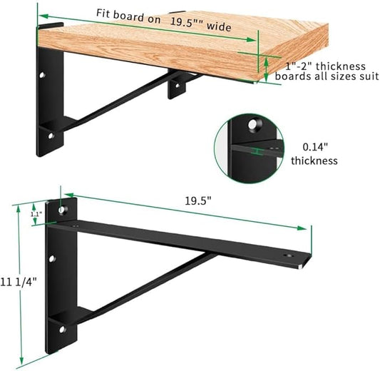 Heavy Duty Shelf Brackets 20 inch, Industrial Wall Brackets with Lip Metal Storage Brackets Outdoor/Indoor Include Screws 2 Pack Black