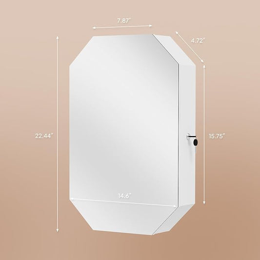 Bonnlo Modern Diamond-Shaped Jewelry Armoire, Lockable Octagonal Jewelry Cabinet Organizer with Mirror, Wall Mounted for Space Saving