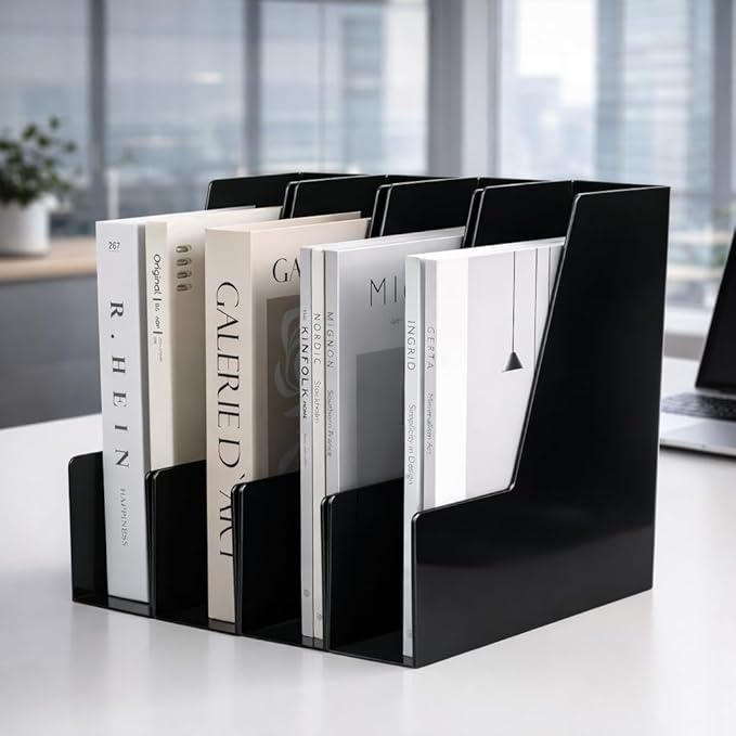 Vertical Magazine File Holder, Desk Organizer and Storage for Magazines, Binders, Notebooks, Envelopes, Multi-Purpose Desktop File Organizer for Home, Office & Classroom, 4 Pack, Black