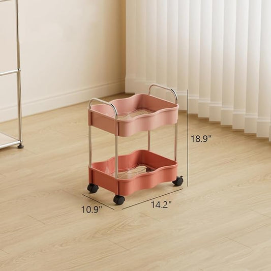 2 Tier Utility Rolling Cart with Wheels Under Desk Storage Cart Organizer with Handle for Home Kitchen Bathroom Office Organization Pink