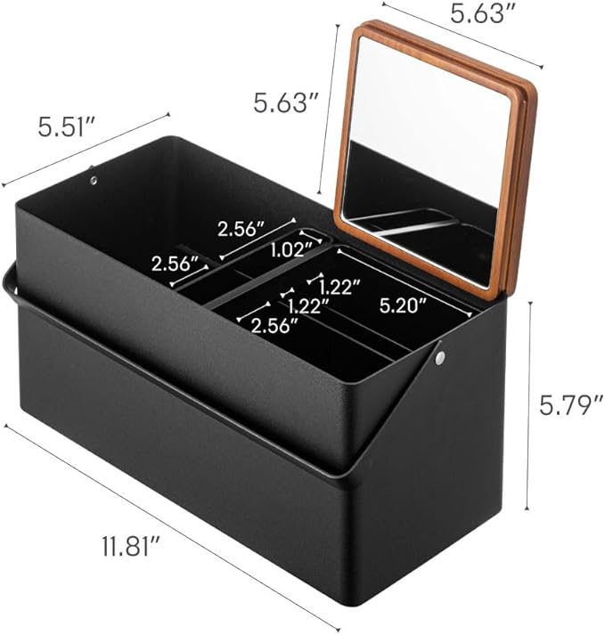 YAMAZAKI Home Tower Large Makeup Organizer Cosmetic Caddy With Handle Vanity Storage Drawer With Lid - Steel + Wood