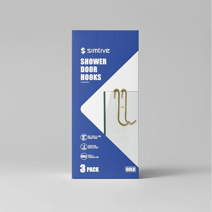 Simtive Shower Door Hooks (3-Pack), Towel Hooks for Bathroom Frameless Glass Door, Shower Squeegee Hooks, Gold