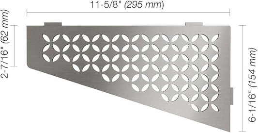 Schluter Quadrilateral Corner Shelf for Tiled Walls - Floral Design, Stainless Steel Material, Brushed Stainless Steel Finish, 3/32" Thick Anchoring Tabs - SES3D5EB