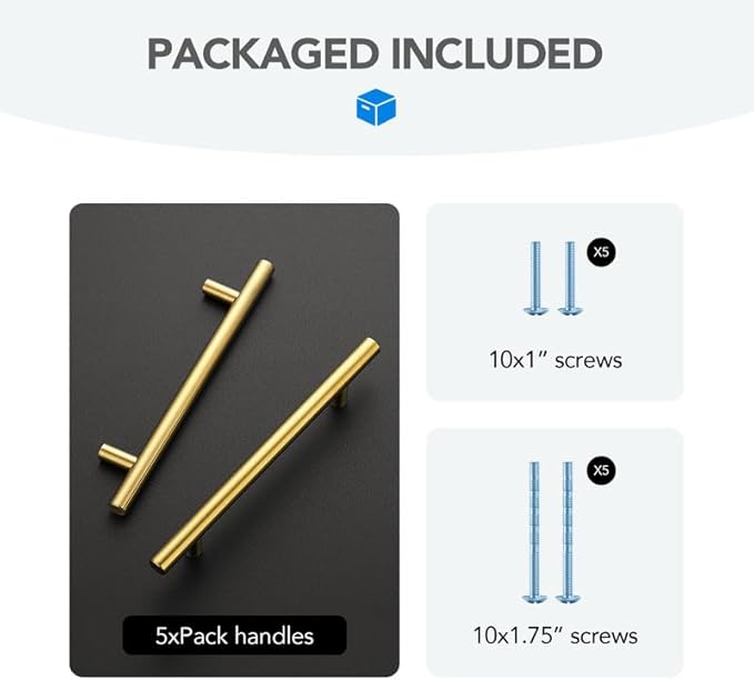 Brushed Brass Cabinet Handles 5 Inch Hole Spacing Stainless Steel Drawer Pulls for Cabinets, Dresser, Bathroom 5 Pack