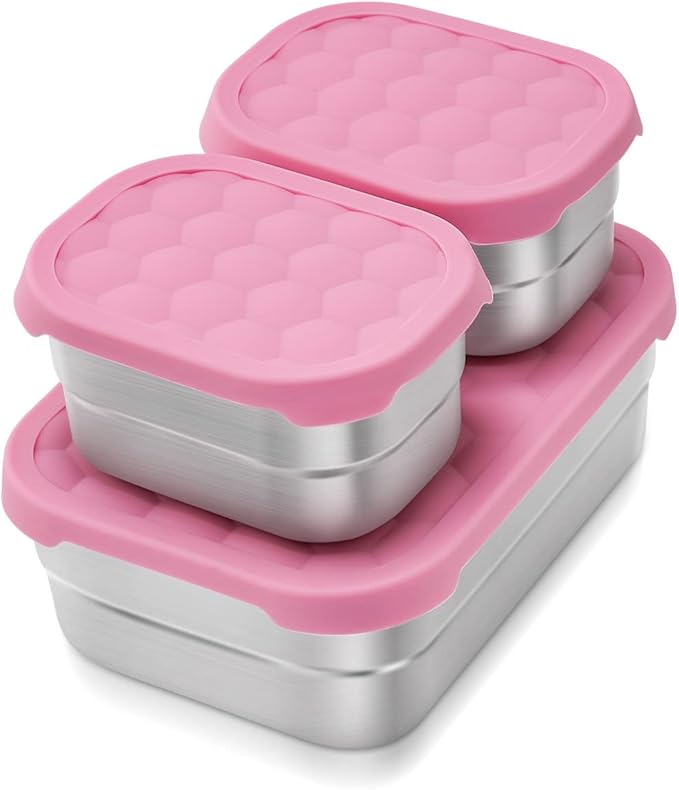Stainless Steel Lunch Box for Kids | Leak Proof 304 Stainless Steel Snack Containers with Silicone Lids - Perfect Metal Food Containers Set for Kids and Toddlers (25oz+8oz*2)