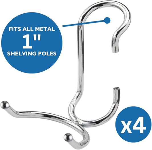 Shelf Pole Hooks 5 Pack | Chrome C-Hook for Hanging | Snap-On Hooks for 1 Inch Poles | Wire & Metal Shelving Hooks for Kitchen, Garage & Home Organization