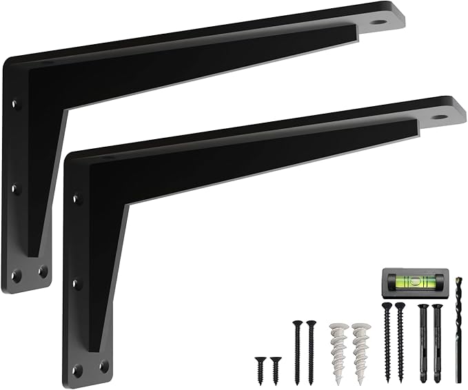 2 Pack Heavy Duty Shelf Brackets 12 Inch Mantel Decorative L Bracket for Shelves, Metal Shelf Support Bracket, Wall Mounted Granite Countertop Iron Corbels, Floating Black Shelving Brackets