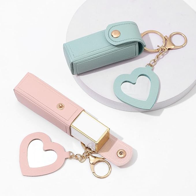 4 PACK PU Leather Potable Chapstick Holder Key Chain Bulk with Mirror, Lipstick Keychain, Lip Balm Organizer Holder Lipstick Travel Makeup Storage Case for Women Girls (Style 1)