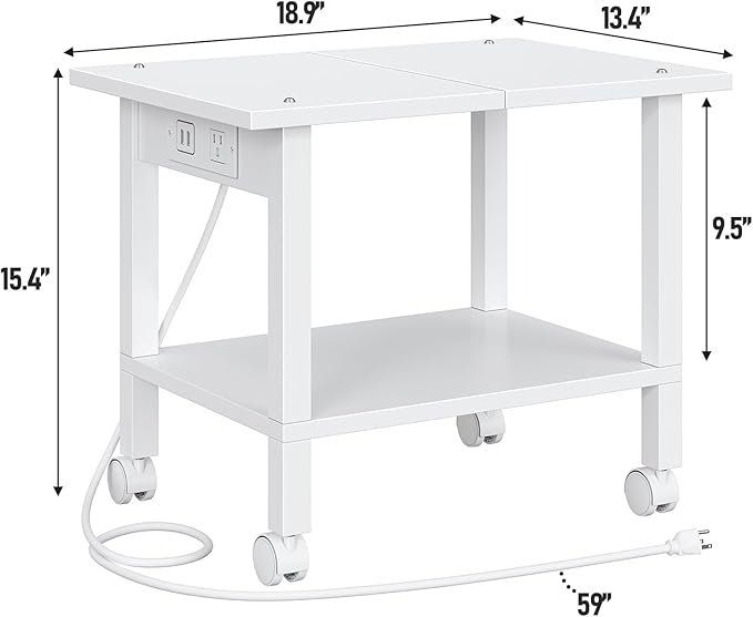 TUTOTAK 2 Tier Printer Stand, Rolling Printer Cart with Power Outlets and USB Ports, Mobile Printer Table with Wheels, for Under Desk, Office, Home, White PS01BW001P