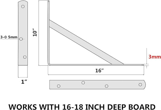 6-Pack 16 Inch Heavy Duty Shelf Brackets, Large Wall Bracket for Floating Shelves, 90 Degree Triangle Large L Bracket, Black Powder-Coated Steel