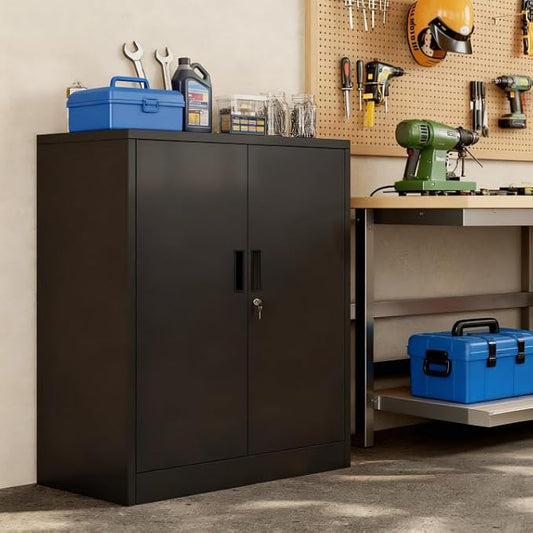 Metal Garage Storage Cabinets,Metal File Cabinet with 2 Adjustable Shelves, Lockable Storage Cabinets for Office, Home, Garage, Warehouse 36" H x 31.5" W x 15.7" D (Black)