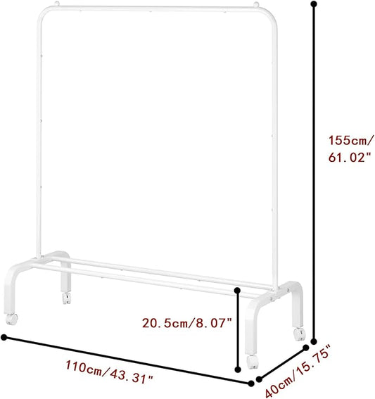 Rolling Clothes Rack Metal Clothing Rack with Wheels Garment Rack with Bottom Shelf for Hanging Clothes Shirts Jeans and Coats White