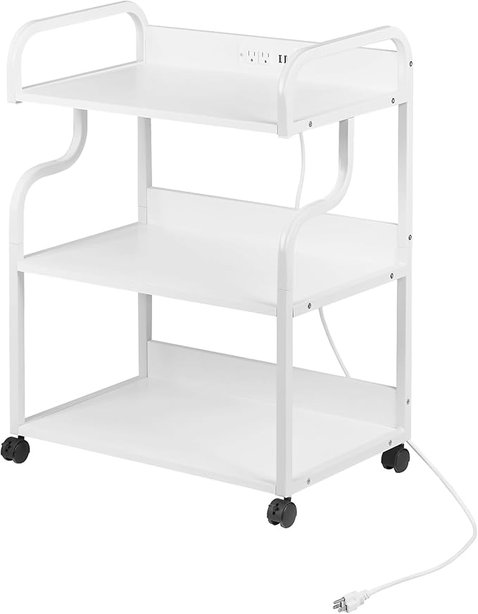 VECELO Large Printer Stand with Power Outlet, 3-Tier Rolling Cart with Lockable Wheels, Heavy Duty Utility Table for Home Office, 18.9"x23.6"x30.2", White