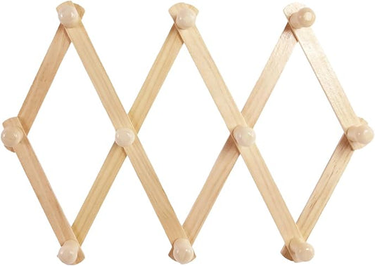 AMAPON Accordion Style Expandable Wall Wooden Coat Rack 10 Hooks (Pegs) Hang Hats Jackets Coffee Mug Purses Necklaces Towels Cap Leash Scarves Data Line Kitchenware